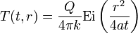 T(t,r) = \frac{Q}{4 \pi k} \mathrm{Ei} \left( \frac{r^2}{4 a t} \right)