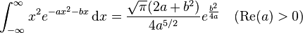 \int_{-\infty}^{\infty} x^2 e^{-ax^2-bx}\,\mathrm{d}x=\frac{\sqrt{\pi}(2a+b^2)}{4a^{5/2}} e^{\frac{b^2}{4a}} \quad (\operatorname{Re}(a)>0)