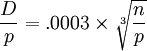 {D \over p} = .0003 \times {\sqrt[3]{n \over p}} 