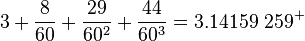  3 + \frac{8}{60} + \frac{29}{60^2} + \frac{44}{60^3} = 3.14159\ 259^+