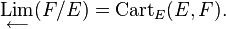 \underset{\longleftarrow}{\mathrm{Lim}} (F/E) = \mathrm{Cart}_E(E,F).