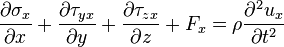 \frac{\partial \sigma_x}{\partial x} + \frac{\partial \tau_{yx}}{\partial y} + \frac{\partial \tau_{zx}}{\partial z} + F_x = \rho \frac{\partial^2 u_x}{\partial t^2}\,\!