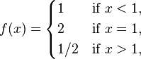 f(x) = \begin{cases}
               1   & \mbox{if } x < 1,\\
               2   & \mbox{if } x = 1,\\
               1/2 & \mbox{if } x > 1,
               \end{cases} 