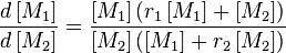 \frac {d\left [M_1 \right]}{d\left [M_2\right]}=\frac{\left [M_1\right]\left (r_1\left[M_1\right]+\left [M_2\right]\right)}{\left [M_2\right]\left (\left [M_1\right]+r_2\left [M_2\right]\right)}