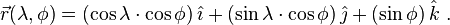 \vec{r}(\lambda,\phi) = (\cos{\lambda} \cdot \cos{\phi}) \, \hat\imath + (\sin{\lambda} \cdot \cos{\phi}) \, \hat\jmath + (\sin{\phi}) \, \hat{k} \ .