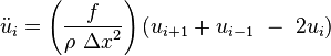 \ddot u_i=\left(\frac{f}{\rho\ {\Delta x}^2} \right) \left(u_{i+1} + u_{i-1}\ -\ 2u_i\right)