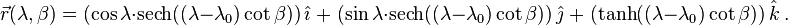 \vec{r}(\lambda,\beta) = (\cos{\lambda} \cdot \operatorname{sech}((\lambda - \lambda_0) \cot\beta )) \, \hat\imath \; +  \; (\sin{\lambda} \cdot \operatorname{sech}((\lambda - \lambda_0) \cot\beta )) \, \hat\jmath  \; +  \; (\tanh((\lambda - \lambda_0) \cot\beta )) \, \hat{k} \ .
