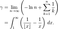 \begin{align}
\gamma &= \lim_{n\to\infty}\left(-\ln n + \sum_{k=1}^n \frac1{k}\right)\\
&=\int_1^\infty\left(\frac1{\lfloor x\rfloor}-\frac1{x}\right)\,dx.
\end{align}