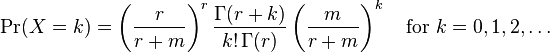 
    \Pr(X = k) = \left(\frac{r}{r+m}\right)^r \frac{\Gamma(r+k)}{k! \, \Gamma(r)} \left(\frac{m}{r+m}\right)^k \quad\text{for }k = 0, 1, 2, \dotsc
  