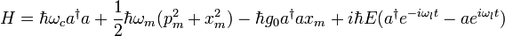 H=\hbar \omega_c a^\dagger a + \frac{1}{2} \hbar \omega_m (p_m^2+x_m^2) - \hbar g_0 a^\dagger a x_m + i \hbar E (a^\dagger e^{-i \omega_l t} - a e^{i \omega_l t})