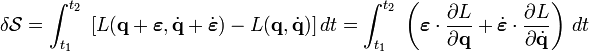 
\delta \mathcal{S} = 
\int_{t_1}^{t_2}\;
\left[ L(\mathbf{q}+\boldsymbol\varepsilon,\dot{\mathbf{q}} +\dot{\boldsymbol{\varepsilon}})- L(\mathbf{q},\dot{\mathbf{q}}) \right]dt = \int_{t_1}^{t_2}\; \left(
\boldsymbol\varepsilon \cdot \frac{\partial L}{\partial \mathbf{q}} + 
\dot{\boldsymbol{\varepsilon}} \cdot \frac{\partial L}{\partial \dot{\mathbf{q}}}  \right)\,dt      
