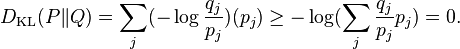 
D_{\mathrm{KL}}(P\|Q) = \sum_j (- \log \frac{q_j}{p_j})(p_j) \geq - \log ( \sum_j \frac{q_j}{p_j} p_j ) = 0.
