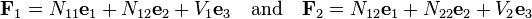 
   \mathbf{F}_1 = N_{11} \mathbf{e}_1 + N_{12} \mathbf{e}_2 + V_1  \mathbf{e}_3 \quad \text{and} \quad
   \mathbf{F}_2 = N_{12} \mathbf{e}_1 + N_{22} \mathbf{e}_2 + V_2  \mathbf{e}_3 
 