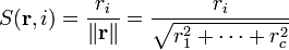 S(\mathbf{r},i) = \frac{r_i}{\lVert \mathbf{r} \rVert} = \frac{r_i}{\sqrt{r_1^2 + \cdots + r_c^2}} 