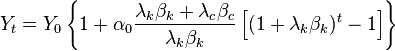 
Y_{t} = Y_{0} \left \lbrace 1 + \alpha_{0} \frac{\lambda_{k}\beta_{k} + \lambda_{c}\beta_{c}}{\lambda_{k}\beta_{k}} \left \lbrack (1 + \lambda_{k}\beta_{k})^t - 1 \right \rbrack \right \rbrace
