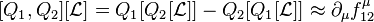 [Q_1,Q_2][\mathcal{L}]=Q_1[Q_2[\mathcal{L}]]-Q_2[Q_1[\mathcal{L}]]\approx\partial_\mu f_{12}^\mu