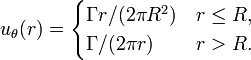 u_\theta(r) = \begin{cases} \Gamma r/(2 \pi R^2) & r \le R, \\ \Gamma/(2 \pi r) & r > R. \end{cases}