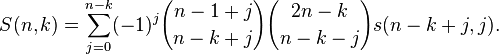 S(n,k) = \sum_{j=0}^{n-k} (-1)^j {n-1+j \choose n-k+j} {2n-k \choose n-k-j} s(n-k+j,j).