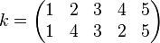 k = \begin{pmatrix} 1 & 2 & 3 & 4 & 5 \\ 1 & 4 & 3 & 2 & 5\end{pmatrix}