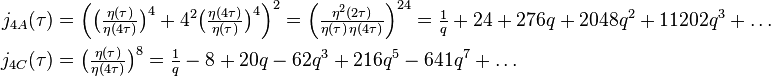 \begin{align}
j_{4A}(\tau)&=\Big(\big(\tfrac{\eta(\tau)}{\eta(4\tau)}\big)^{4}+4^2 \big(\tfrac{\eta(4\tau)}{\eta(\tau)}\big)^{4}\Big)^2 = \Big(\tfrac{\eta^2(2\tau)}{\eta(\tau)\,\eta(4\tau)} \Big)^{24} = \tfrac{1}{q} + 24+ 276q + 2048q^2 +11202q^3+\dots\\
j_{4C}(\tau) &= \big(\tfrac{\eta(\tau)}{\eta(4\tau)}\big)^{8} = \tfrac{1}{q} -8 + 20q - 62q^3 + 216q^5 - 641q^7 +  \dots\\
\end{align}