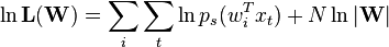 \ln \mathbf{L(W)} =\sum_{i}\sum_{t} \ln p_s(w^T_ix_t) + N\ln|\mathbf{W}|