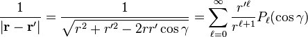 
\frac{1}{\left| \mathbf{r}-\mathbf{r}^\prime \right|} = \frac{1}{\sqrt{r^2+r^{\prime 2}-2rr'\cos\gamma}} = \sum_{\ell=0}^{\infty} \frac{r^{\prime \ell}}{r^{\ell+1}} P_{\ell}(\cos \gamma)
