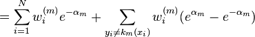  = \sum_{i=1}^N w_i^{(m)}e^{-\alpha_m} + \sum_{y_i \neq k_m(x_i)} w_i^{(m)}(e^{\alpha_m}-e^{-\alpha_m})