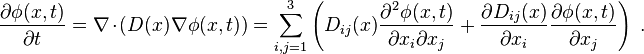 \frac{\partial \phi(x,t)}{\partial t}=\nabla\cdot (D(x) \nabla \phi(x,t))=\sum_{i,j=1}^3\left(D_{ij}(x) \frac{\partial^2 \phi(x,t)}{\partial x_i \partial x_j}+ \frac{\partial D_{ij}(x)}{\partial x_i }  \frac{\partial \phi(x,t)}{\partial x_j}\right)\ . 