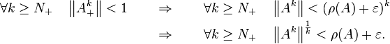 \begin{align}
\forall k\geq N_+ \quad \left \|A_+^k \right \| < 1 \qquad &\Rightarrow \qquad \forall k\geq N_+ \quad \left \|A^k \right \| < (\rho(A)+\varepsilon)^k \\  &\Rightarrow \qquad \forall k\geq N_+ \quad  \left \|A^k \right \|^{\frac{1}{k}} < \rho(A)+\varepsilon.
\end{align}