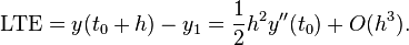  \mathrm{LTE} = y(t_0 + h) - y_1 = \frac{1}{2} h^2 y''(t_0) + O(h^3). 