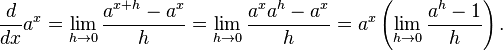 \frac{d}{dx}a^x=\lim_{h\to 0}\frac{a^{x+h}-a^x}{h}=\lim_{h\to 0}\frac{a^{x}a^{h}-a^x}{h}=a^x\left(\lim_{h\to 0}\frac{a^h-1}{h}\right).