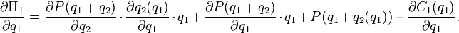 \frac{\partial \Pi_1}{\partial q_1} = \frac{\partial P(q_1+q_2)}{\partial q_2} \cdot \frac{\partial q_2(q_1)}{\partial q_1} \cdot q_1 +\frac{\partial P(q_1+q_2)}{\partial q_1} \cdot q_1+ P(q_1+q_2(q_1)) - \frac{\partial C_1 (q_1)}{\partial q_1}.