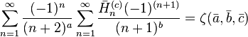 \sum_{n=1}^\infty \frac{(-1)^{n}}{(n+2)^a}\sum_{n=1}^\infty \frac{\bar{H}_n^{(c)}(-1)^{(n+1)}}{(n+1)^b} =\zeta(\bar{a},\bar{b},\bar{c})