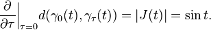 \frac{\partial}{\partial\tau}\bigg|_{\tau=0}d(\gamma_0(t),\gamma_\tau(t))=|J(t)|=\sin t.