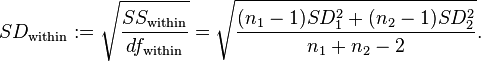 SD_\text{within}:=\sqrt{\frac{SS_\text{within}}{df_\text{within}}}=\sqrt{\frac{(n_1-1)SD_1^2+(n_2-1)SD_2^2}{n_1+n_2-2}}.