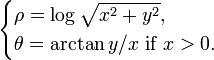 \begin{cases} \rho = \log\sqrt{ x^2 + y^2}, \\ \theta = \arctan y/x \hbox{ if }x>0.  \end{cases}