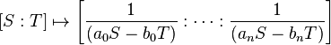 [S:T] \mapsto \left[\frac{1}{(a_0S-b_0T)} : \cdots : \frac{1}{(a_nS-b_nT)}\right] 