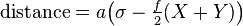 \mathrm{distance} = a \bigl( \sigma - \tfrac f2 (X + Y) \bigr) 