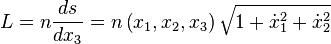 L=n\frac{ds}{dx_3}=n\left(x_1,x_2,x_3\right) \sqrt{1+\dot{x}_1^2+\dot{x}_2^2}