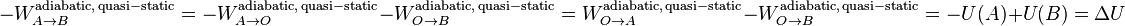 -W^\mathrm{adiabatic,\,quasi-static}_{A\to B}=-W^\mathrm{adiabatic,\,quasi-static}_{A\to O}-W^\mathrm{adiabatic,\,quasi-static}_{O\to B} = W^\mathrm{adiabatic,\,quasi-static}_{O\to A}- W^\mathrm{adiabatic,\,quasi-static}_{O\to B} = -U(A) + U(B) = \Delta U