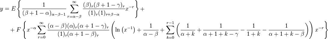 \begin{align}
 y &= E \left \{ \frac{1}{(\beta + 1 - \alpha)_{\alpha - \beta - 1}} \sum_{r = \alpha - \beta}^\infty \frac{(\beta)_r (\beta + 1 - \gamma)_r}{(1)_r (1)_{r + \beta - \alpha}} x^{-r} \right \} + \\
   & \quad+ F \left \{ x^{-\alpha} \sum_{r = 0}^\infty \frac{(\alpha - \beta) (\alpha)_r (\alpha + 1 - \gamma)_r}{(1)_r (\alpha + 1 - \beta)_r} \left (\ln \left (x^{-1} \right ) + \frac{1}{\alpha -\beta } + \sum_{k = 0}^{r - 1} \left(\frac{1}{\alpha + k} + \frac{1}{\alpha + 1 + k - \gamma} -\frac{1}{1 + k}-\frac{1}{\alpha + 1 + k - \beta} \right) \right ) x^{-r} \right \}
\end{align}