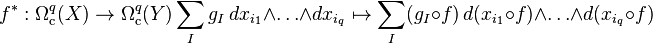 f^*:
\Omega^q_{\mathrm c}(X) \to \Omega^q_{\mathrm c}(Y)
\sum_I g_I \, dx_{i_1} \wedge \ldots \wedge dx_{i_q} \mapsto
\sum_I(g_I \circ f) \, d(x_{i_1} \circ f) \wedge \ldots \wedge d(x_{i_q} \circ f)