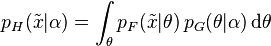 p_H(\tilde{x}|\alpha) = \int_{\theta} p_F(\tilde{x}|\theta) \, p_G(\theta|\alpha) \operatorname{d}\!\theta