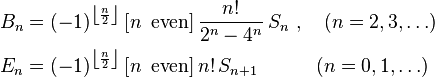 \begin{align}
  B_{n} &= (-1)^{\left\lfloor \frac{n}{2}\right\rfloor }\left[ n\ \operatorname{even}\right] \frac{n! }{2^n - 4^n}\, S_{n}\ , \quad (n=  2, 3, \ldots) \\
  E_{n} &= (-1)^{\left\lfloor \frac{n}{2}\right\rfloor }\left[ n\ \operatorname{even}\right] n! \, S_{n+1}  \quad\qquad (n = 0, 1, \ldots)
\end{align}