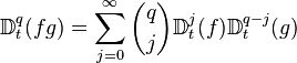 \mathbb{D}^q_t(fg)=\sum_{j=0}^{\infty} {q \choose j}\mathbb{D}^j_t(f)\mathbb{D}^{q-j}_t(g)