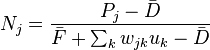 

N_j = {{P_j - \bar D}\over{\bar F+\sum_k w_{jk}u_k-\bar D}}

