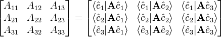 
\begin{bmatrix}
  A_{11} & A_{12} & A_{13} \\
  A_{21} & A_{22} & A_{23} \\
  A_{31} & A_{32} & A_{33} 
\end{bmatrix} =
\begin{bmatrix}
  \langle\hat e_1 | \mathbf{A}\hat e_1 \rangle & \langle\hat e_1 | \mathbf{A}\hat e_2 \rangle & \langle\hat e_1 | \mathbf{A}\hat e_3 \rangle \\
  \langle\hat e_2 | \mathbf{A}\hat e_1 \rangle & \langle\hat e_2 | \mathbf{A}\hat e_2 \rangle & \langle\hat e_2 | \mathbf{A}\hat e_3 \rangle \\
  \langle\hat e_3 | \mathbf{A}\hat e_1 \rangle & \langle\hat e_3 | \mathbf{A}\hat e_2 \rangle & \langle\hat e_3 | \mathbf{A}\hat e_3 \rangle 
\end{bmatrix}
