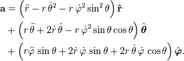 
\begin{align}
\mathbf{a} & = \left( \ddot{r} - r\,\dot\theta^2 - r\,\dot\varphi^2\sin^2\theta \right)\mathbf{\hat r} \\
& {} + \left( r\,\ddot\theta + 2\dot{r}\,\dot\theta - r\,\dot\varphi^2\sin\theta\cos\theta \right) \hat{\boldsymbol\theta } \\
& {} + \left( r\ddot\varphi\,\sin\theta + 2\dot{r}\,\dot\varphi\,\sin\theta + 2 r\,\dot\theta\,\dot\varphi\,\cos\theta \right) \hat{\boldsymbol \varphi}.
\end{align}
