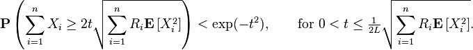  \mathbf{P} \left( \sum_{i=1}^n X_i \geq 2 t \sqrt{\sum_{i=1}^n R_i \mathbf{E}\left [ X_i^2 \right ]} \right) < \exp(-t^2), \qquad \text{for } 0 < t \leq \tfrac{1}{2L} \sqrt{\sum_{i=1}^n R_i \mathbf{E} \left [X_i^2 \right ]}. 