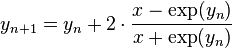  y_{n+1} = y_n + 2 \cdot \frac{ x - \exp ( y_n ) }{ x + \exp ( y_n ) } \,